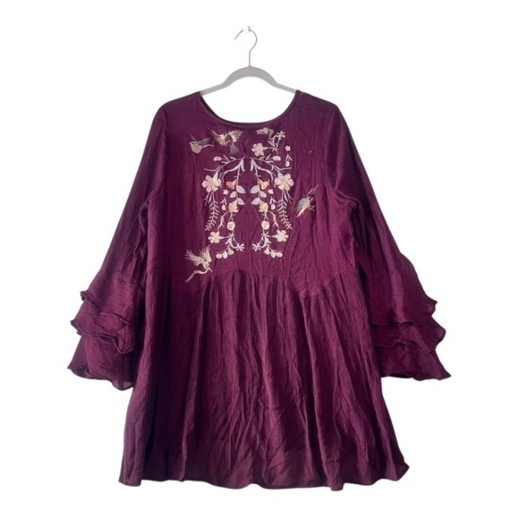 Umgee Burgundy Embroidered Ruffle-Sleeve Tunic Dress – Size Large - Picture 6 of 11